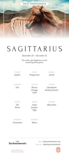 the poster for sagittarius is shown in white and orange, with an image of a horse on it