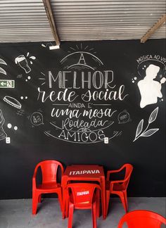 three red chairs sitting in front of a blackboard with writing on it and two small tables