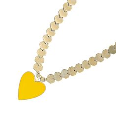 Happy Yellow Heart Necklace is a celebration of love and light, featuring heart-shaped gold color hematite stone beads. Each bead embodies the strength and grounding energy of hematite while gleaming with the radiance of the sun's embrace. At the center of the necklace gleams an 18K gold plated yellow enamel Heart pendant, radiating with the energy of sunshine. Its golden hue symbolizes warmth, optimism, and enduring love. The heart-shaped hematite beads, reminiscent of golden rays, represent th Yellow Heart Beads Jewelry For Valentine's Day, Yellow Jewelry With Heart Beads For Valentine's Day, Valentine's Day Yellow Jewelry With Heart Beads, Yellow Heart Pendant Necklace For Valentine's Day, Yellow Necklace With Heart Charm For Gift, Yellow Heart-shaped Necklace, Heart Beaded Necklace, Happy Yellow, Grounding Energy