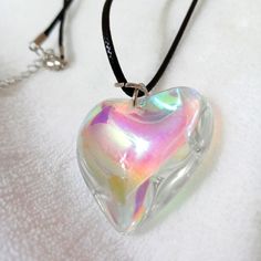 Rainbow Transparent Glass Heart Choker Necklace Trendy Silver Heart Necklace For Party, Valentine's Day Silver Glass Necklaces, Valentine's Day Silver Glass Necklace, White Heart Pendant Necklace For Party, Silver Heart Beads Necklace For Party, Silver Glass Jewelry With Heart Charm, White Heart Necklace For Party, Heart-shaped Glass Necklace, Heart Shaped Glass Necklace