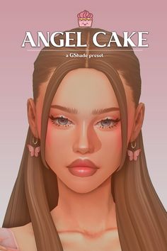 an animated girl with long brown hair wearing a tiara on her head and the words angel cake above her head