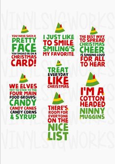 six christmas sayings with elf hats on them