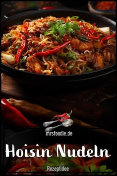 an advertisement for a restaurant called hoisin nueden, featuring chicken and vegetables