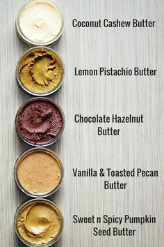 four different types of desserts in small tins on a wooden table with text below