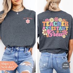 All of our Custom Teacher Assistant t-shirts are handmade to order on an ultra soft shirt that will quickly become your go to apparel item! You will never want to take it off! Our Para tee's are printed with eco-friendly water based ink that feels good and lasts longer!  ♥The details♥ This unisex t-shirt is crafted from soft, breathable fabric for ultimate comfort. Printed with an eco-friendly water-based ink, this shirt not only looks great but also supports sustainable practices. The unisex si Gray Crew Neck Shirt With Sublimation Print, Cotton Sublimation Design Relaxed Fit Short Sleeve, Casual Pink Cotton Sublimation Design, Casual Pink Cotton Sublimation T-shirt, Cotton Short Sleeve Shirt With Screen Print, Fun Long Sleeve T-shirt With Custom Print, Long Sleeve Fun T-shirt With Custom Print, Custom Print Short Sleeve Tri-blend Shirt, Gray Tops With Sublimation Print And Relaxed Fit