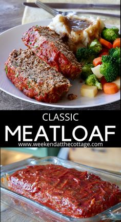 meatloaf with vegetables and gravy in a glass casserole dish