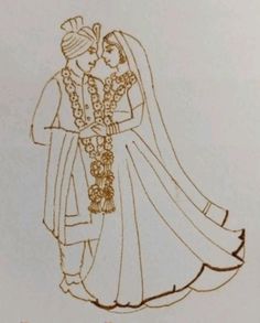 a drawing of a bride and groom holding each other