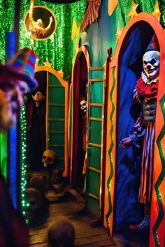 a group of people dressed up in halloween costumes and masks, standing inside an open doorway