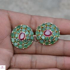 Red Ruby Stud Earrings, Green Emerald Earrings, Diamond Earrings, 925 Silver Jewelry, Gold Plated Earrings, Flower Earrings, Gift For Her Gross Weight: 15.21 gram Stone: Ruby, Emerald, Diamond Earrings Size: 26X25 MM NOTE:- All The Products Are Designed And Manufactured In My Workshop By Me & My Team. Shown Products Are Purely Handmade. Custom Orders Are Open Handly Accepted. We Are Perfect Choice For Any Custom Jewelry Manufacturing. For Bulk Orders Please Message me. Visit My Store For Mor Round Ruby Fusion Earrings, Fusion Style Round Ruby Earrings, Fusion Style Ruby Round Earrings, Ruby Round Fusion Earrings, Handmade Round Cluster Earrings For Anniversary, Antique Pearl Necklace, Green Emerald Earrings, Emerald Earring, Ruby Stud Earrings