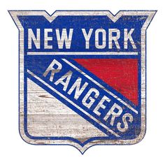 the new york rangers logo is shown on an old wooden sign that reads,'new york rangers '