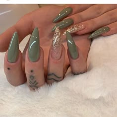 Nails Fancy, Olive Nails, Long Almond Nails, Green Acrylic Nails, Travel Tattoos, Almond Nails Designs, Nails Done, Pretty Acrylic Nails