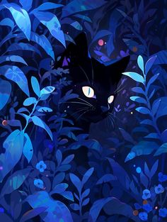 a black cat with glowing eyes peeking out from behind some blue plants and leaves in the night