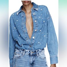 Viral Button Down Denim Shirt Pearl Beading Collared Top Womens Chambray Shirt, Denim And Diamonds, Pearl Beading, Rhinestone Shirts, Long Sleeve Denim Shirt, Romper And Jacket, Beaded Collar, Chambray Shirt, Denim Fabric