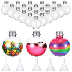 there are many different types of candy in vases on the white background with each other