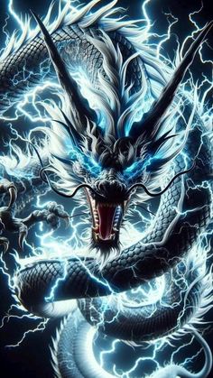 a dragon with its mouth open and lightning coming from it's back, in front of