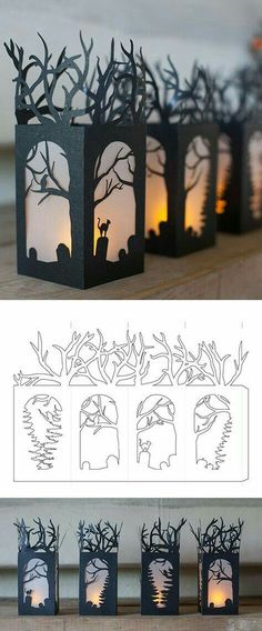 paper lanterns with animals and trees on them are lit up by candles in the shape of houses