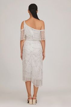 Ivory tulle one-shoulder midi dress with beaded hand embroidered fringes. Comes with a gitch work belt. - Aza Fashions Elegant Off-shoulder Reception Dress, White Beaded Fringe Evening Dress, Work Belt, One Shoulder Midi Dress, Womens Midi Dresses, Women Dresses, Aza Fashion, Hand Embroidered, Dresses Midi