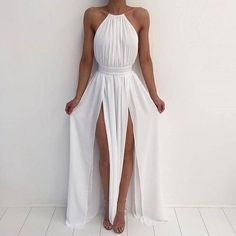 fashion Sukienki Maksi, Backless Bridesmaid Dress, Prom Dresses Under 100, Backless Formal Dresses, White Dress Formal, Halter Prom Dresses, Backless Evening Dress, Split Hem Dress, 파티 드레스