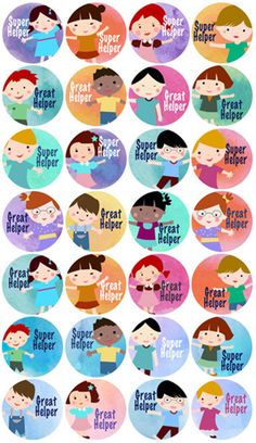 the great helper stickers are shown in different colors and sizes, with words on them