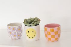 three ceramic cups with plants in them on a shelf next to each other and one has a smiley face painted on it