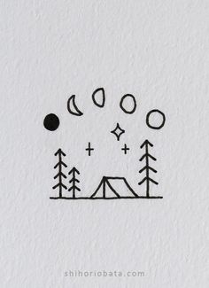 an ink drawing of trees and mountains with the moon in the sky above them on white paper