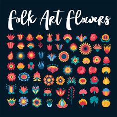 an image of folk art flowers on a black background with the words folk art flowers