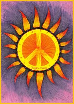 an orange and yellow peace sign is in the middle of a purple background with sunflowers