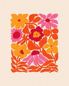 an orange, pink and yellow flowered design on a white background