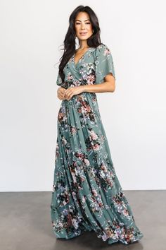 Say hello to our new Katherine Maxi Dress in Dusty Green Floral! This gorgeous Baltic Born exclusive has a stunning silhouette that flows. Rose Patterns, Chic Fall Fashion, Green Floral Design, Loungewear Fashion, Tulle Maxi Dress, Baltic Born, Dusty Green, Tiered Maxi Skirt, Surplice Neckline