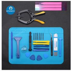 tools are laid out on a blue tray