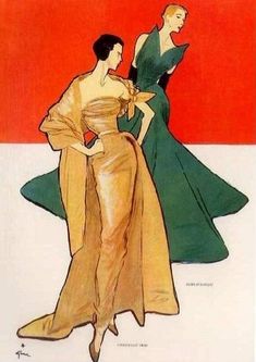 an illustration of two women in evening dresses