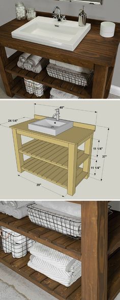 two pictures showing the different parts of a sink and counter top with baskets under it