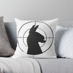 a black silhouette of a rabbit on a white background with a red dot in the center throw pillow