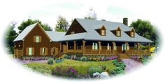 this is an artist's rendering of the front elevation of these log home plans