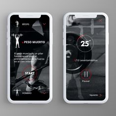 two cell phones displaying the same app for different sports activities, one with an image of a man doing squats