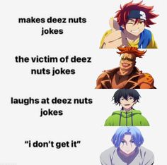 four different anime characters with the same caption in each one's face and text that