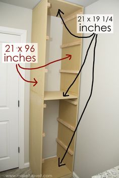 a closet with two shelves and the measurements for each shelf