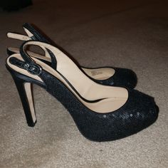 New Unworn...Black Sequins With Satin Heels...Hidden Platform...Leather Soles...Size 7.5...Peep Toe. Silver Strappy Sandals, Silver Strappy Heels, Metallic Loafers, Black Leather Ballet Flats, Brown Suede Heels, Fur Heels, Black Stiletto Heels, Caged Heels, Black Strappy Heels