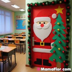 a classroom decorated for christmas with santa clause