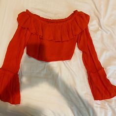 Never Worn Red Vacation Top For Fall, Red Ruffled Tops For Vacation, Red Long Sleeve Top From Urban Outfitters, Urban Outfitters Red Long Sleeve Top, Red Cropped Top For Vacation, Shoulder Crop Top, Urban Outfitters Tops, Off The Shoulder, Urban Outfitters