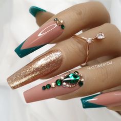 Green Acrylic Nails, Gold Nail, Fall Acrylic Nails, Nail Art Ideas, Coffin Nails Designs, Classy Nails