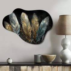 there is a wall decoration with feathers on it