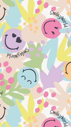 an image of flowers and smiley faces on a white background with the words smile in different languages