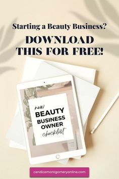 a tablet with the text starting a beauty business? download this for free on it