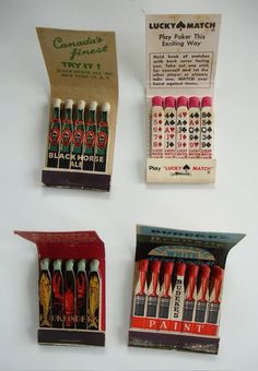 four match boxes with different types of matches