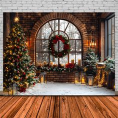 a christmas scene is shown in front of a window with candles and wreaths on the windowsill