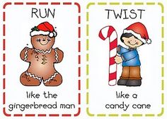 two cards with pictures of gingerbread man and run, twist, like the gingerbread man