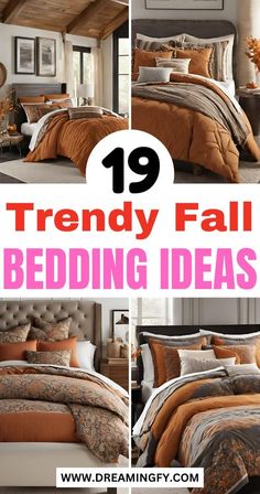 a collage of different bedding items with the words trendy fall bedding ideas