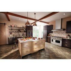 a large kitchen with wooden cabinets and an island in the middle, along with stainless steel appliances