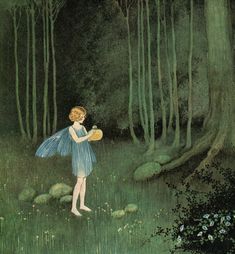 a painting of a girl in the woods holding an apple and looking at something behind her